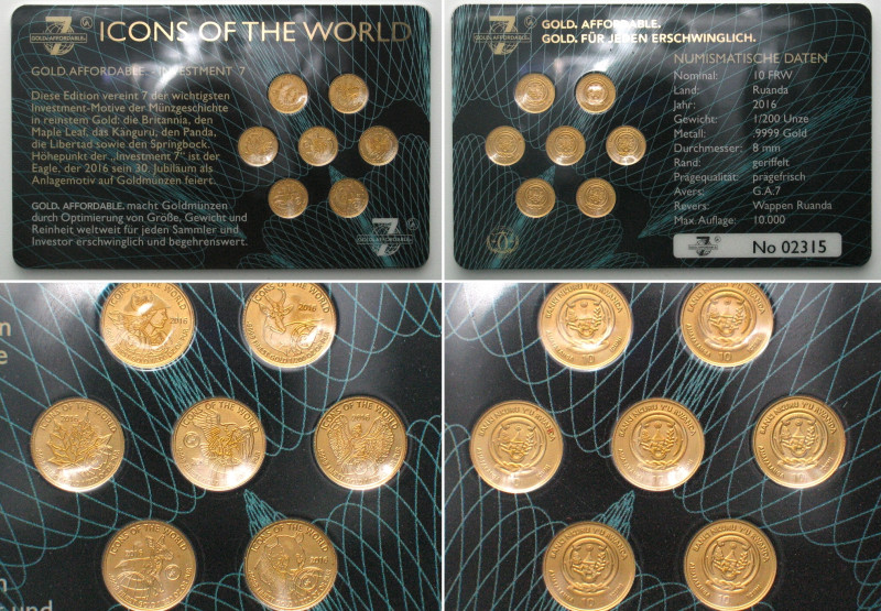 RWANDA 7 x 10 Francs 2016, G.A.7 Edition, gold 1/200 oz. Icons of the World - GO...