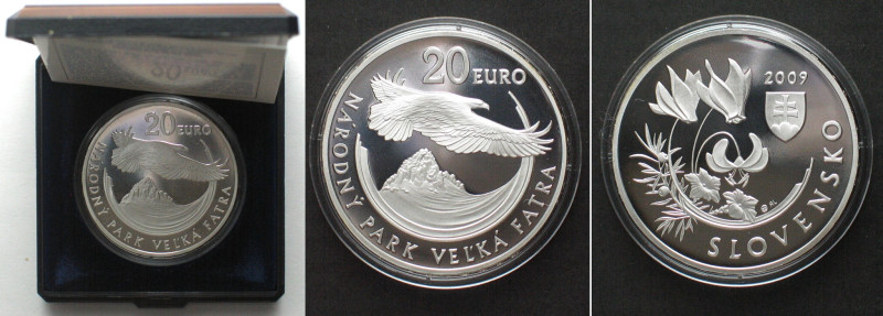 SLOVAKIA 20 Euro 2009, Falcon, National Park - Velka Fatra, silver Proof. With b...