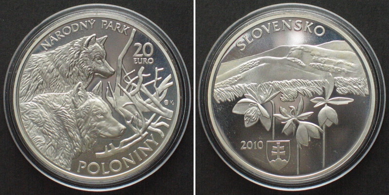 SLOVAKIA 20 Euro 2010, Wolves, Poloniny National Park, silver Proof. KM# 112