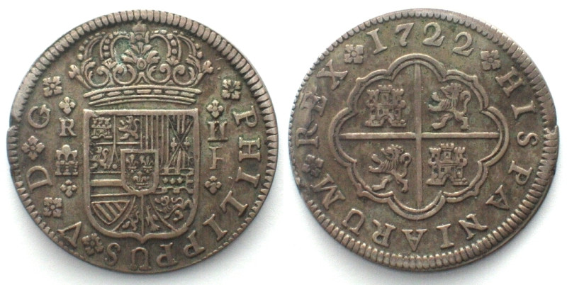 SPAIN. 2 Reales 1722 F, Segovia mint, PHILIP V, silver, aXF! KM# 297.