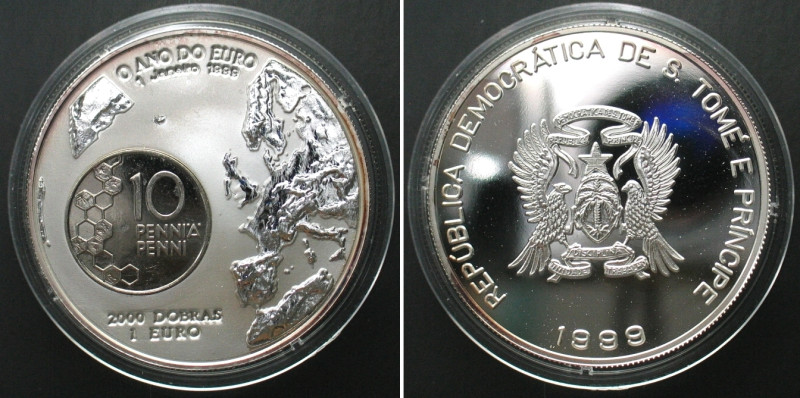 ST. THOMAS & PRINCE IS. 2000 Dobras - 1 Euro 1999 silver with Finland 10 Penni. ...