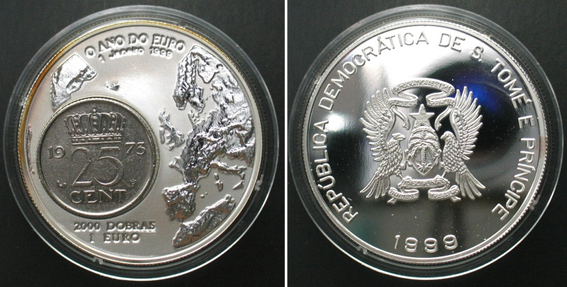 ST. THOMAS & PRINCE IS. 2000 Dobras - 1 Euro 1999 silver with NL 25 Cents. KM# 1...