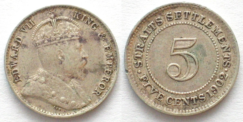 STRAITS SETTLEMENTS. 5 Cents 1902, Edward VII, silver, XF, KM # 20