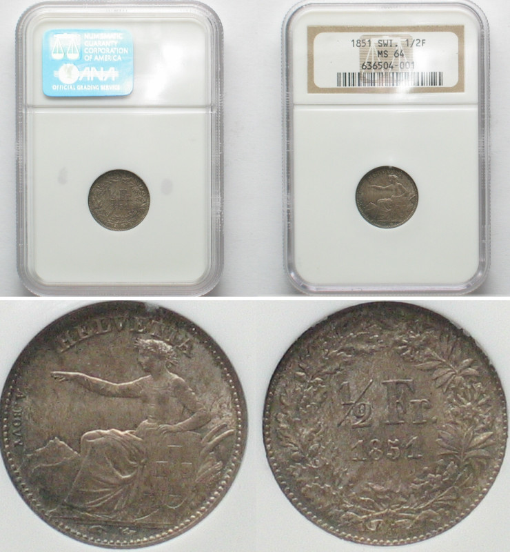 SWITZERLAND. 1/2 Franc 1851 A SEATED HELVETIA, silver, NGC MS 64, HMZ 2-1205b, S...