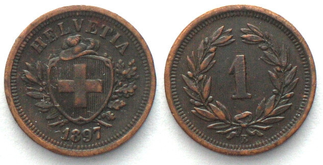 EIDGENOSSENSCHAFT 1 Rappen 1897 Bronze SELTENES JAHR! HMZ 2-1215ff