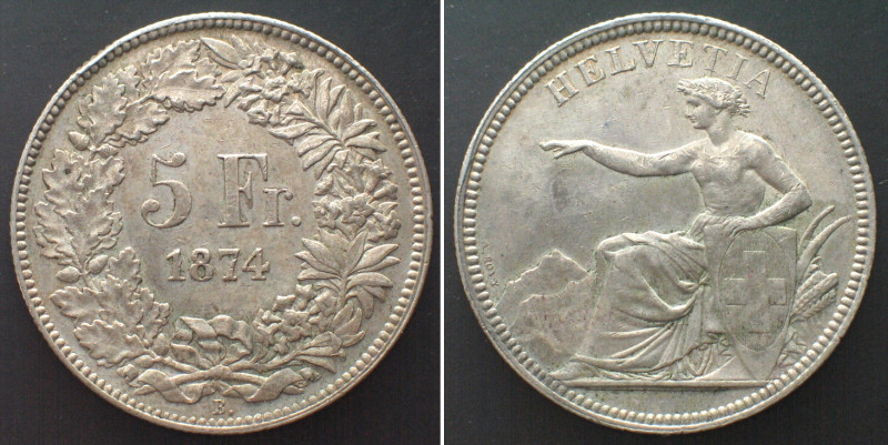 SWITZERLAND 5 Francs 1874 B. SEATED HELVETIA silver UNC-! HMZ 2-1197e, KM# 11. M...