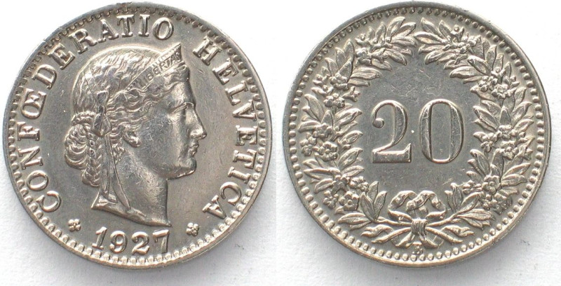 EIDGENOSSENSCHAFT 20 Rappen 1927 Nickel. Unz. HMZ 2-1208dd