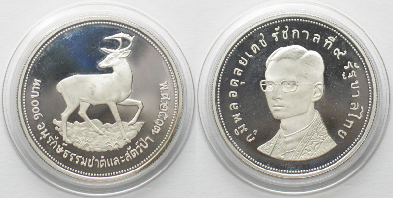 THAILAND 100 Baht 1974 Brown-antlered deer WWF silver Proof SCARCE!, Y# 103a. We...