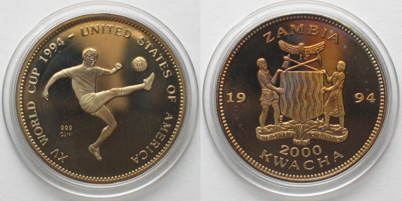 ZAMBIA. Pattern 2000 Kwacha 1994, Soccer World Cup, Cu-Ni, Proof, KM # Pn3. Gold...