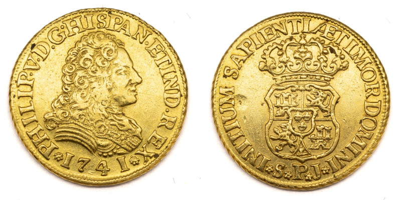 Felipe V (1700-1746) 1741 PJ. Sevilla. 2 escudos. (AC 1994). Au 6,71 gr. 

Sta...