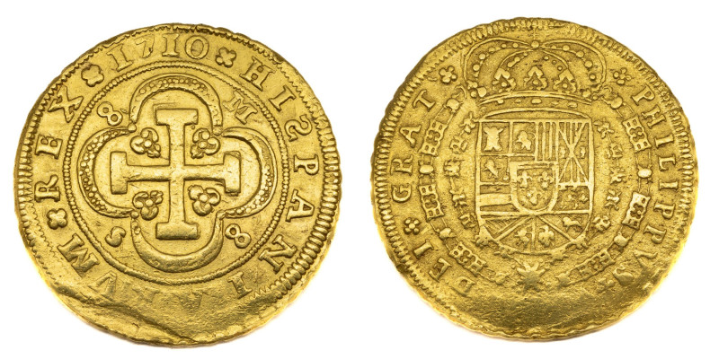 Felipe V (1700-1746) 1710 M. Sevilla. 8 escudos. (AC 2278). Au 26,81 gr. Ceca, v...