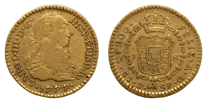 Carlos III (1759-1788). 1777 SF. Popayán. 1 escudo. (AC 1420). Au 3,33 gr. 

S...