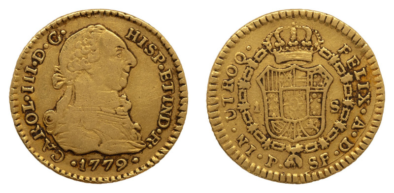 Carlos III (1759-1788). 1779 SF. Popayán. 1 escudo. (AC 1422). Au 3,34 gr. 

S...