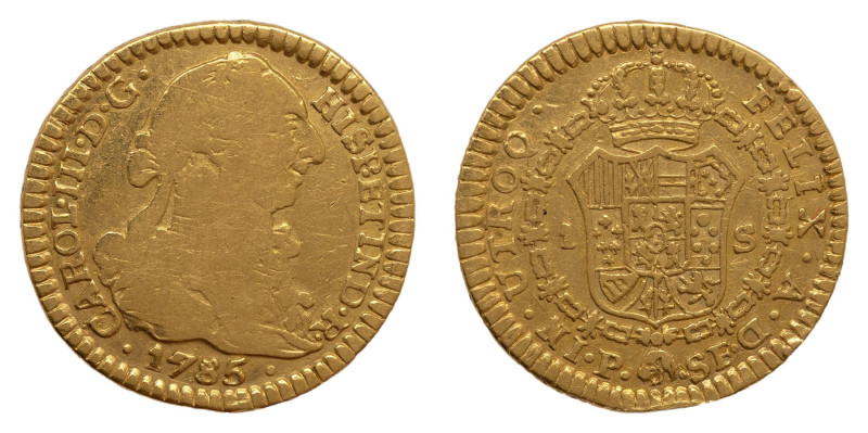 Carlos III (1759-1788). 1785 SF. Popayán. 1 escudo. (AC 1430). Au 3,31 gr. 

S...