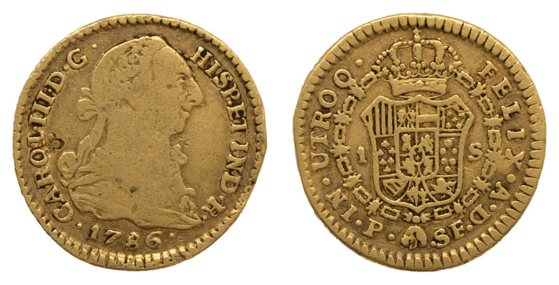 Carlos III (1759-1788). 1786 SF. Popayán. 1 escudo. (AC 1431). Au 3,28 gr. Resel...