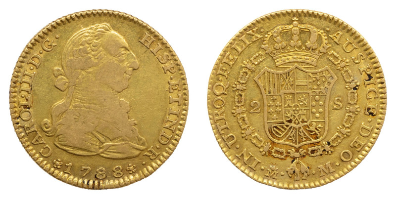 Carlos III (1759-1788). 1788 M/DV. Madrid. 2 escudos. (AC 1577). Au 6,78 gr. 
...