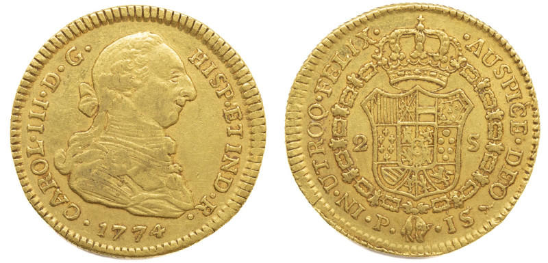 Carlos III (1759-1788). 1774 JS. Popayán. 2 escudos. (AC 1631). Au 6,72 gr. 

...