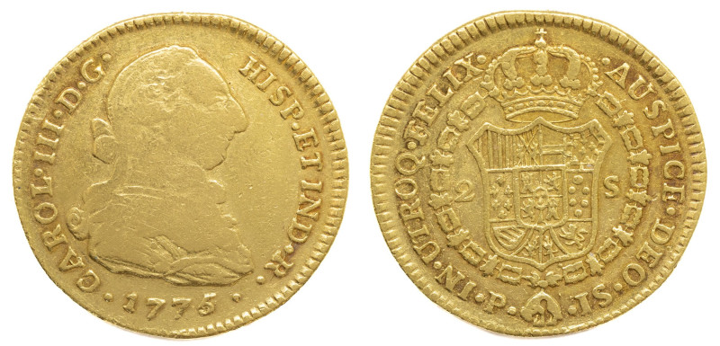 Carlos III (1759-1788). 1775 JS. Popayán. 2 escudos. (AC 1633). Au 6,68 gr. 

...