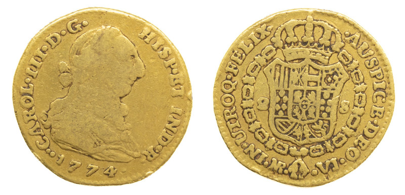 Carlos III (1759-1788). 1774 VJ. Santa Fe de Nuevo Reino. 2 escudos. (AC 1688). ...