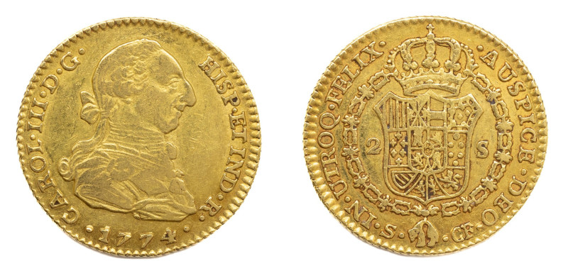 Carlos III (1759-1788). 1774 CF. Sevilla. 2 escudos. (AC 1727). Au 6,69 gr. 

...