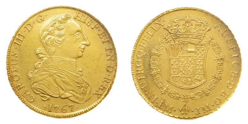 Carlos III (1759-1788). 1767 JM. Lima. 8 escudos. (AC 1920). Au 27,1 gr. Tipo Ca...