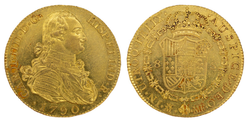 Carlos IV (1788-1808). 1790 MF. Madrid. 8 escudos. (AC 1619). Au 27 gr. Rayas de...