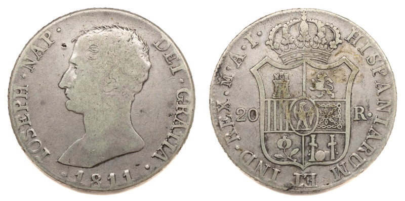 José Napoleón (1808-1813). 1811 AI. Madrid. 20 reales. (AC 39). 26,58 gr. Aguila...