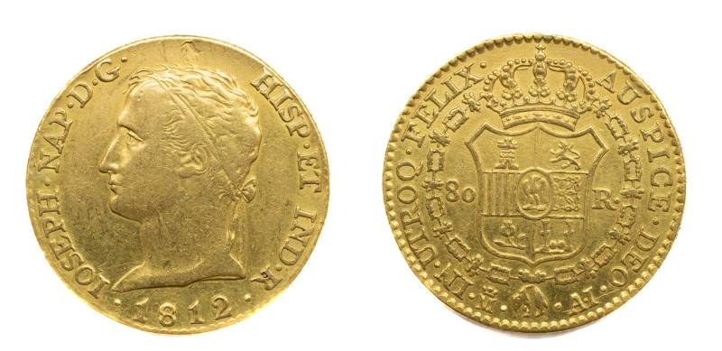 José Napoleón (1808-1813). 1812 AI. Madrid. 80 reales. (AC 51). Au 6,63 gr. Marq...