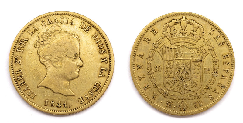 Isabel II (1833-1868). 1841 CL. Madrid. 80 reales. (AC 728). 21 mm. Au 6,70 gr. ...