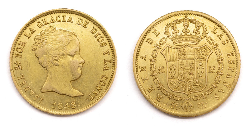 Isabel II (1833-1868). 1848 CL. Madrid. 80 reales. (AC 735).21 mm. Au 6,76 gr. ...