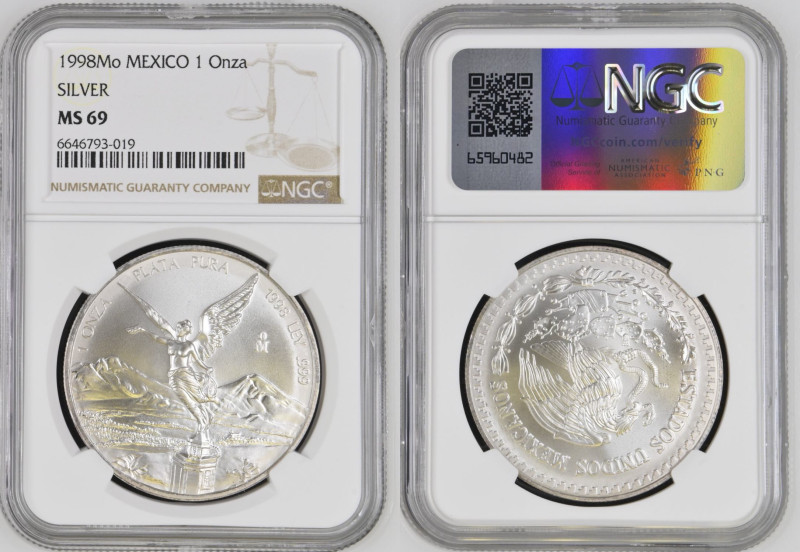 MEXICO. 1998. (km#613) 1 onza plata pura. NGC MS69. 67.000 de tirada. 

Status...