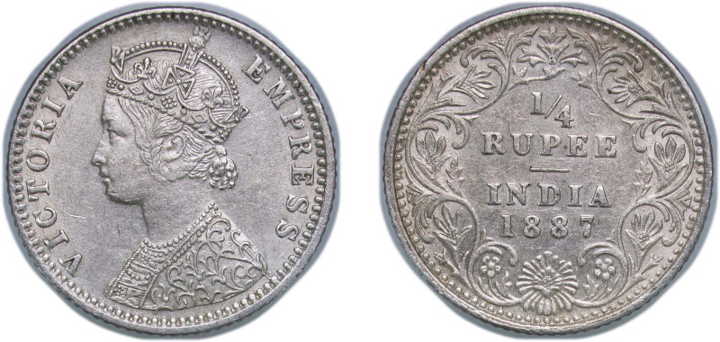 India India - British Raj 1887 B raised ¼ Rupee - Victoria Silver (.917) Bombay ...