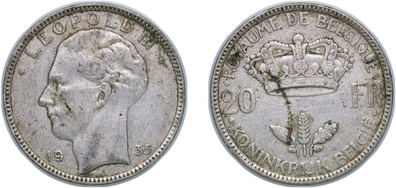 Belgium Kingdom 1935 20 Francs - Léopold III Silver (.680) Brussels Mint (107604...