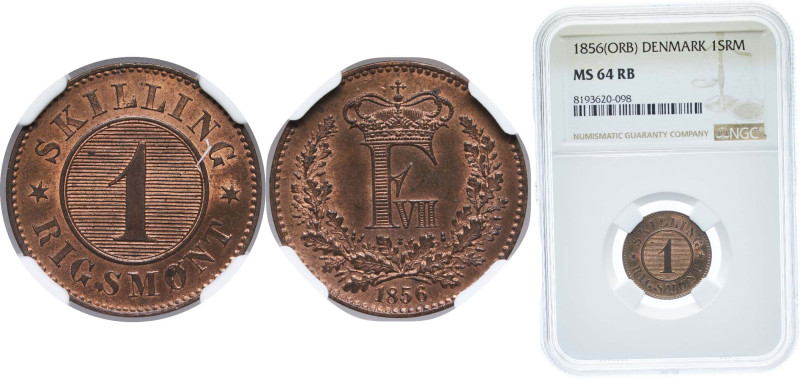 Denmark Kingdom 1856 1 Skilling Rigsmønt - Frederik VII Bronze 3.8g NGC MS 64 RB...