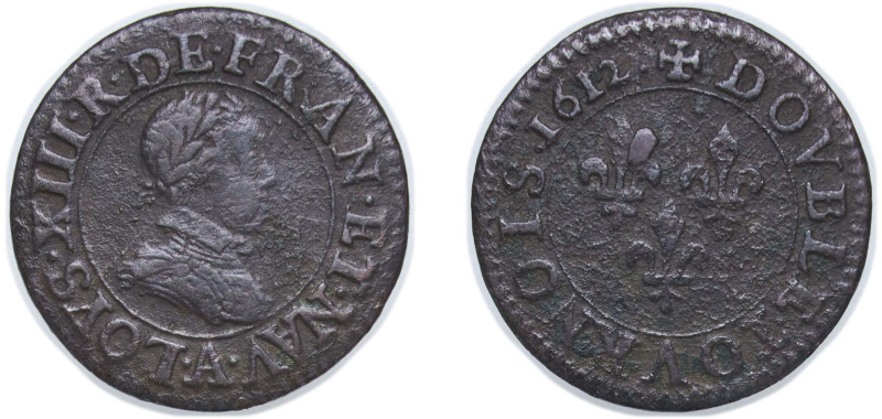 France Kingdom 1612 A Double Tournois - Louis XIII (1st type) Copper Paris Mint ...