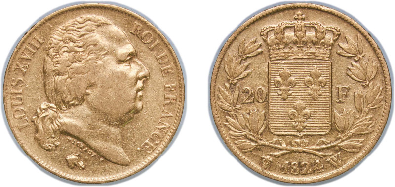 France Kingdom 1824 W 20 Francs - Louis XVIII (nude bust) Gold (.900) Lille Mint...