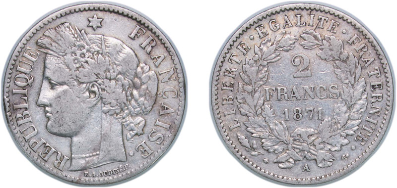 France Third Republic 1871 A 2 Francs Silver (.835) Paris Mint 10g VF KM 817.1