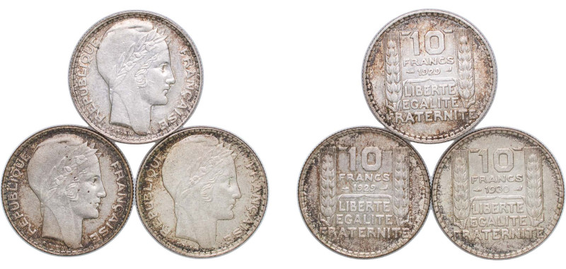 France Third Republic 1929 - 1930 10 Francs (3 Coins weight all 60.0gr ) Silver ...