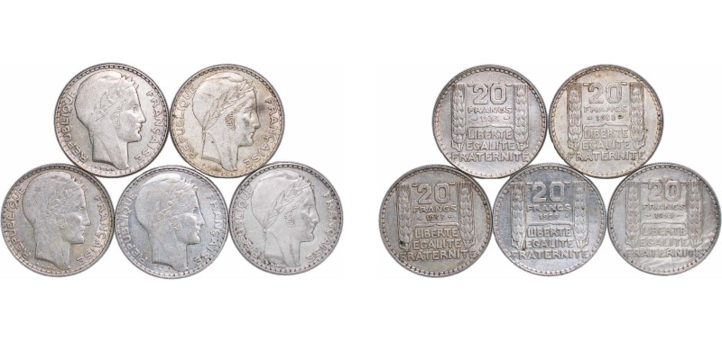 France Third Republic 1929 - 1938 20 Francs (5 Lots) Silver (.680) Paris Mint XF...