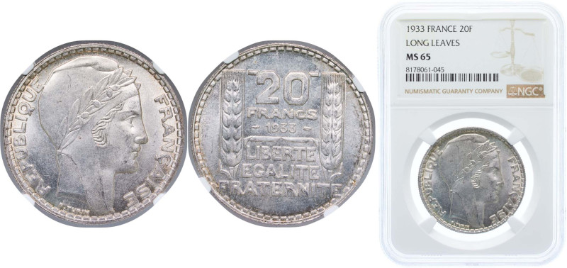 France Third Republic 1933 20 Francs Silver (.680) Paris Mint (24447048) 20g NGC...