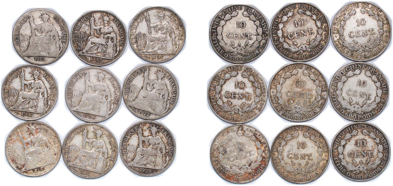 French Indochina French colony 1922 - 1937 A 10 Cents (9 Lots) Silver (.680) Par...