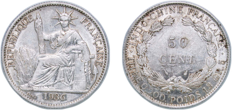 French Indochina French colony 1936 50 Cents Silver (.900) Paris Mint (4000000) ...