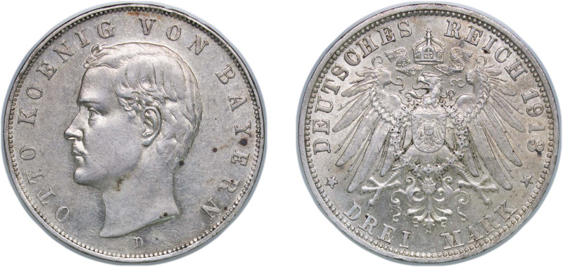 Germany Kingdom of Bavaria Second Empire 1913 D 3 Mark - Otto Silver (.900) Muni...