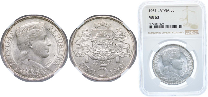 Latvia Republic 1931 5 Lati Silver (.835) (2000000) 25g NGC MS 63 KM 9 Schön 9