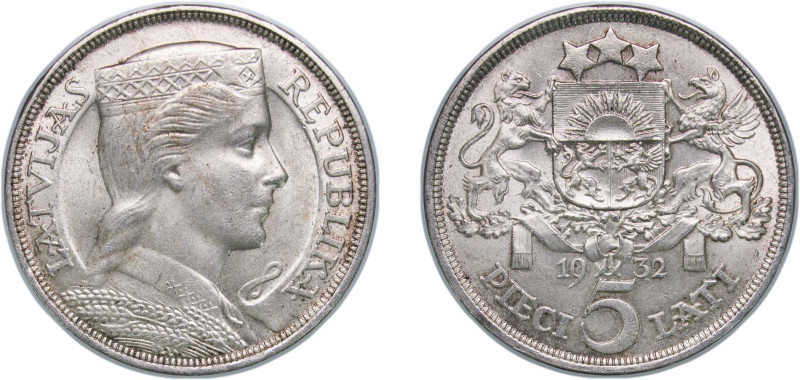 Latvia Republic 1932 5 Lati Silver (.835) (600000) 25g UNC KM 9 Schön 9