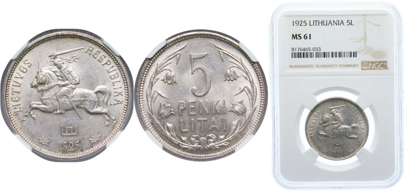 Lithuania Republic 1925 5 Litai Silver (.500) (1000000) 13.5g NGC MS 61 KM 78