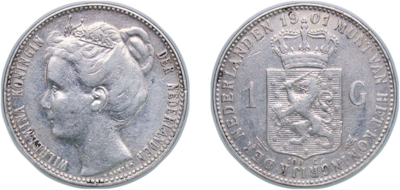 Netherlands Kingdom 1901 1 Gulden - Wilhelmina Silver (.945) Utrecht Mint (20000...