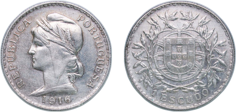 Portugal First Republic 1916 1 Escudo Silver (.835) Lisbon Mint (1405000) 24.87g...