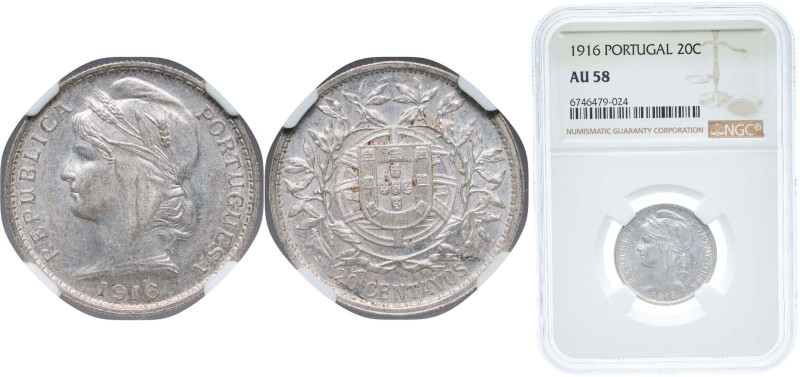 Portugal First Republic 1916 20 Centavos Silver (.835) Lisbon Mint (706000) 5g N...