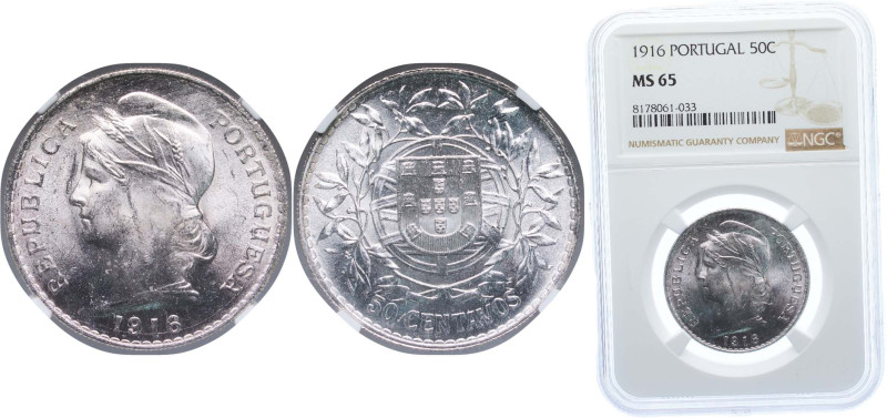 Portugal First Republic 1916 50 Centavos Silver (.835) Lisbon Mint (5080000) 12....